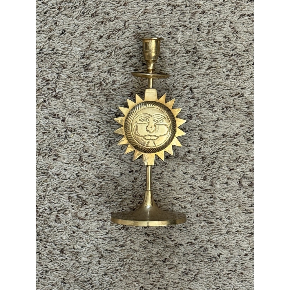 Brass Candle Holder Celestial Sun Face Taper Vintage 9" Tall Beautiful RARE